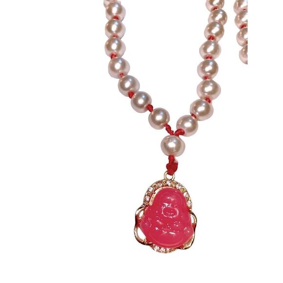 Custom Hand Knotted Cultured Pearl Necklace with Pink Jade Buddha - Picture 8 of 12